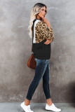 Black Pocketed Half Zip Leopard Pullover Sweatshirt