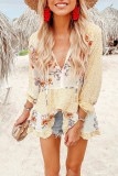 Yellow Floral Print V Neck Ruffled Blouse