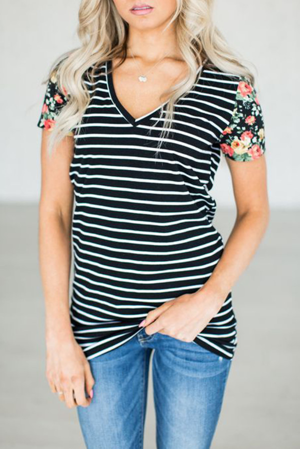Floral Sleeves Striped T-shirt