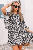 Leopard Print Crewneck Flare Sleeve Mini Dress