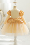 Gold Puffy Sequin Mesh Pleated Dress Party Dress