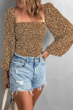 Khaki Square Neck Puff Sleeve Floral Smocked Top