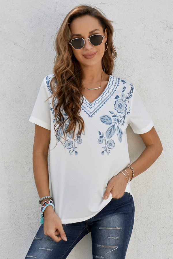 Blue Floral Pattern V Neck Short Sleeve Top