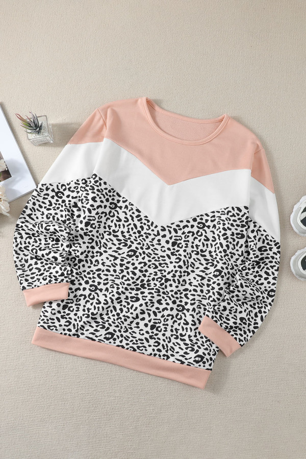 Color Block Leopard Patchwork Plus Size Long Sleeve Top