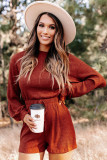 Red Ribbed Long Sleeve Romper