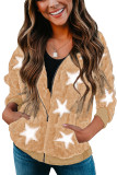 Khaki Star Print Zipper Fleece Hooded Coat with Pockets