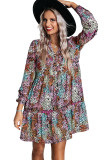 Multicolor Floral Print High Waist V Neck Shirt Dress