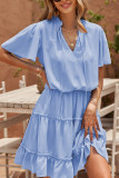 Sky Blue V Neck Ruffled Swing Mini Dress