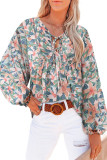 Green Floral Print Lace Up Blouse