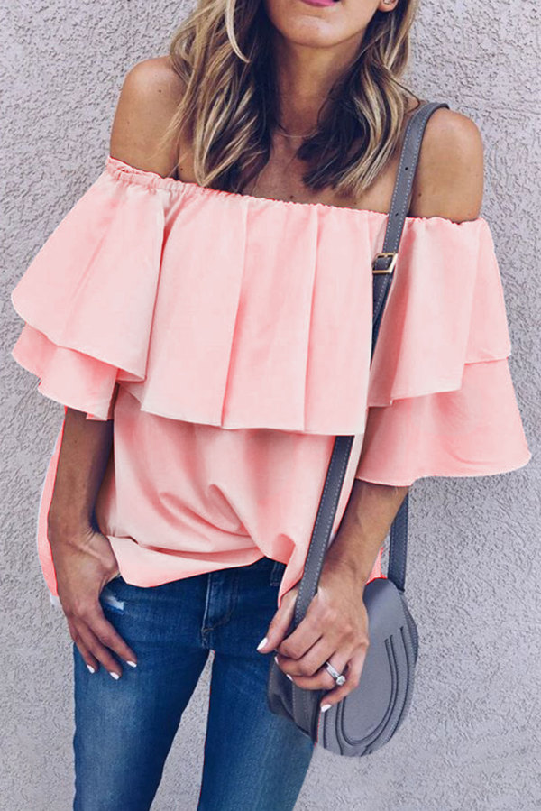 Pink Soft Breeze Frilling Off-shoulder Top
