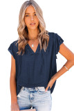 Blue Tiered Ruffled Drawstring V Neck Top