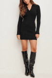 Plain V Neck Rib Knit Mini Dress