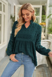 Green Ruffled Split Neck Lace Hollow Out Puff Sleeve Polka Dot Blouse