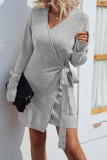 Long Sleeve Plain Waist Tie Split Sweater Dress