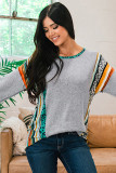 Gray Leopard Serape Drop Shoulder Bubble Sleeves Knit Top