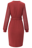 V Neck Rib Knit Splicing Crochet Lace Long Sleeves Dress