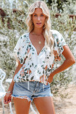White Floral Print Buttons Tiered Ruffled Shot Sleeve Shirt