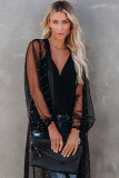 Black Sheer Embellished Tulle Duster Kimono
