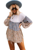 Floral Splicing Puff Long Sleeve Tunic Top