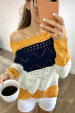 Yellow Round Neck Side Slit Pointelle Color Block Sweater