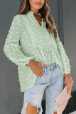 Green Ruffled Split Neck Lace Hollow Out Puff Sleeve Polka Dot Blouse