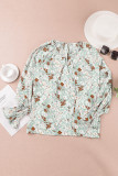 Green Floral Print Tie V Neck Button Up Blouse