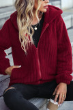 Red Hooded Zipper Ribbed Fleece Coat