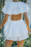 White Flounce Open Back Lace-up Wrap V Neck Romper