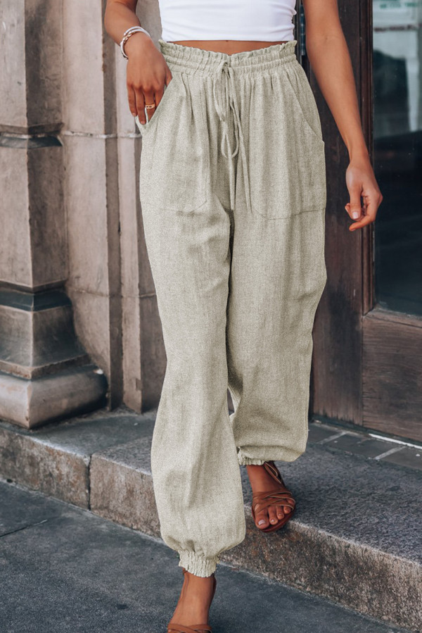 Beige Casual Drawstring High Waist Pockets Joggers