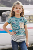 Green Camo Print Splicing Stripes Girls’ T-shirt