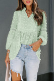 Green Ruffled Split Neck Lace Hollow Out Puff Sleeve Polka Dot Blouse