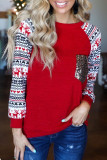 Red Christmas Print Sleeve Sequin Pocket RaglanTop