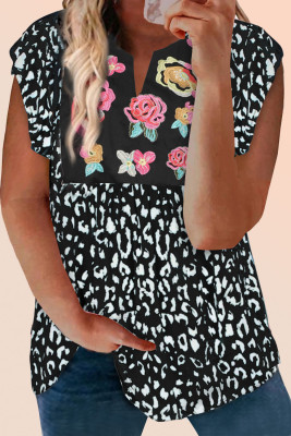 Black Leopard Flower Print Splicing Short Sleeve Plus Size Tunic
