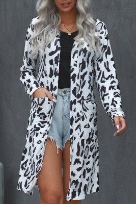 White Leopard Print Open Front Pocketed Cardigan