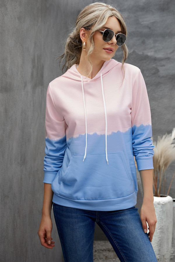 Sky Blue Dip-Dye Colorblock Drawstring Hoodie with Pockets