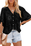 Black Floral Textured V Neck Buttoned Blouse