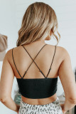 Black Crochet Lace Smocked Criss Cross Spaghetti Strap Bralette