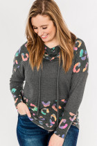 Gray Cowl Neck Waffle Colorful Leopard Patchwork Plus Size Sweatshirt