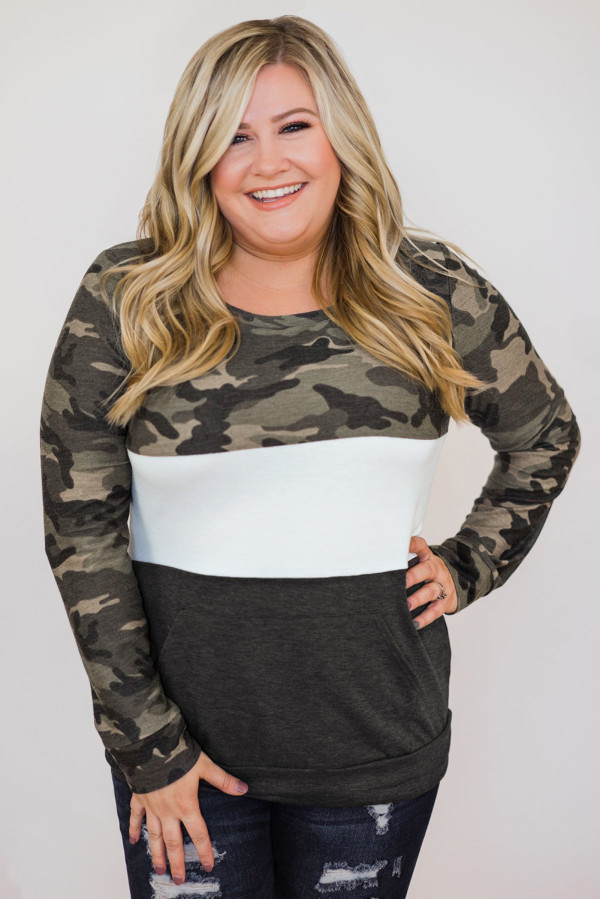 Plus Size Camo Color Block Pullover Top