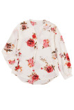 Beige Floral Print V Neck Button Down Blouse