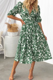 Green Button Down V Neck High Waist Floral Dress