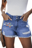 Letters Print Raw Cuffs Denim Shorts