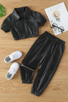 Black PU Open Zipper Crop with Joggers 2pcs Pant Set