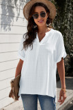 White Plaid Print Loose V Neck Short Sleeve Shirt with Slits