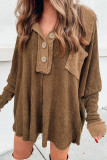 Brown Waffle Knit Buttoned Long Sleeve Top