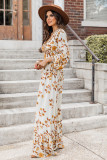 Yellow Leaf Print V Neck Puff Sleeve Maxi Dress