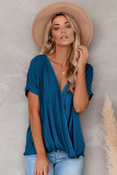 Blue Short Sleeves Drape Knit Top