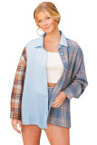 Sky Blue Plaid Contrast Color Block Shirt with Slits