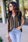 Black V Neck Stripes Roll up Short Sleeve Zip Up Blouse