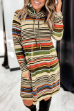 Striped Turtleneck Long Sleeve Shirt Mini Dress with Pocket